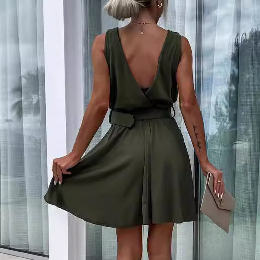Women's Fashion Solid Color Deep V-neck Sleeveless Lace-up
