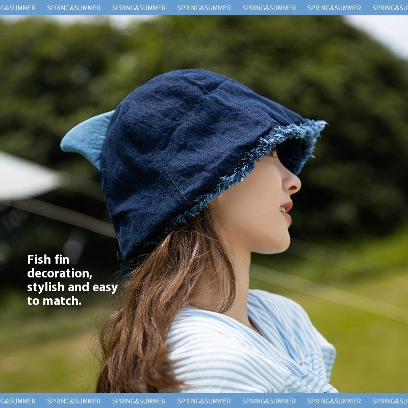Japanese Shark Cartoon Bucket Hat Denim Big Head Basin Hat