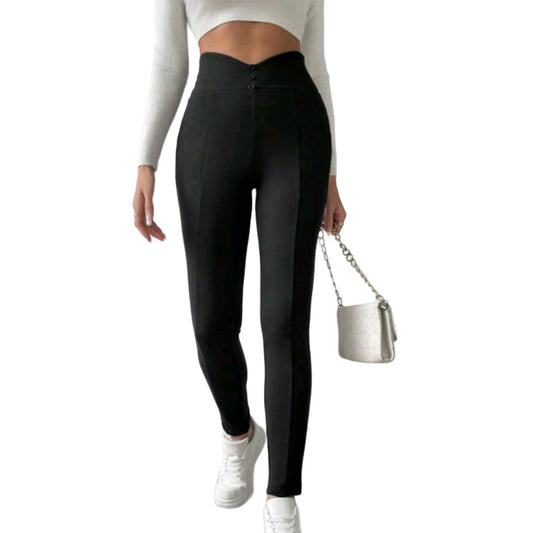 Brushed Leggings V-Waist Button Casual Pants For Women