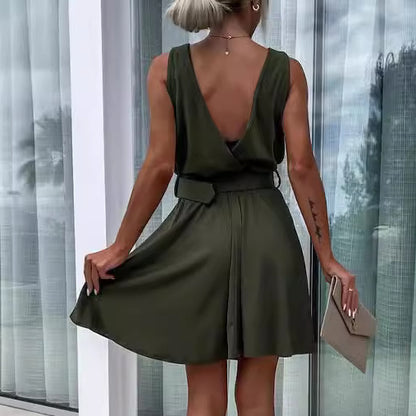 Women's Fashion Solid Color Deep V-neck Sleeveless Lace-up
