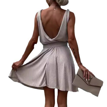 Women's Fashion Solid Color Deep V-neck Sleeveless Lace-up