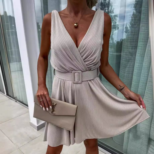 Women's Fashion Solid Color Deep V-neck Sleeveless Lace-up