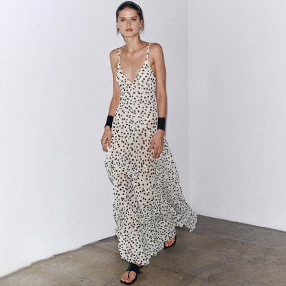 Street Shot Polka Dot Print Sleeveless Sling High Waist 